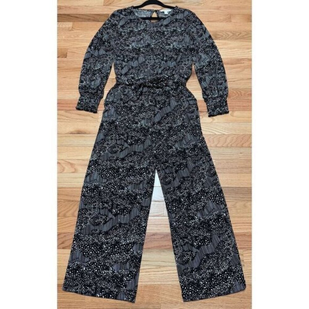 Popsugar Black & White Abstract Print Wide Leg Jumpsuit Sz M Long‎ Sleeve Belted
